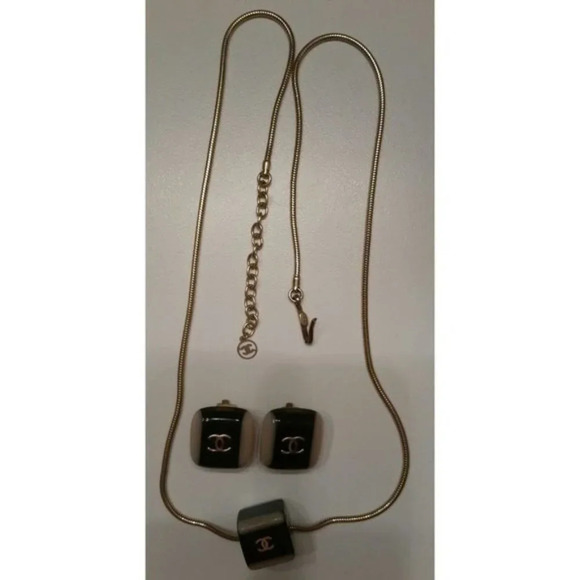 Vintage Authentic Chanel Logo Necklace &  Square Clip Earrings Set ~ Signature - Picture 5 of 11